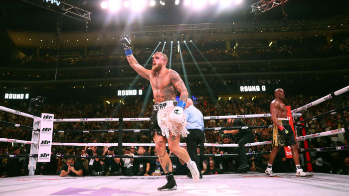 Jake Paul reacts following the match against Anderson Silva at Desert Diamond Arena.